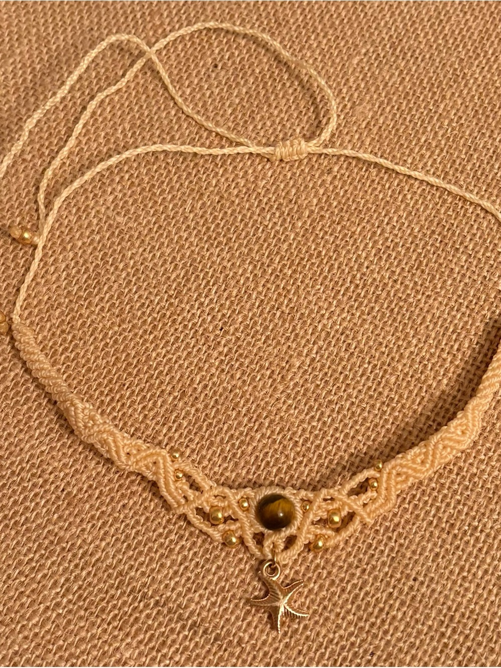 Handmade Beige Macramé Choker Necklace with Tiger Eye & Star Charm